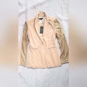 NWT! GOLD Sequin Sleeve Mixed Media Tan Women's Blazer Jacket Size Large